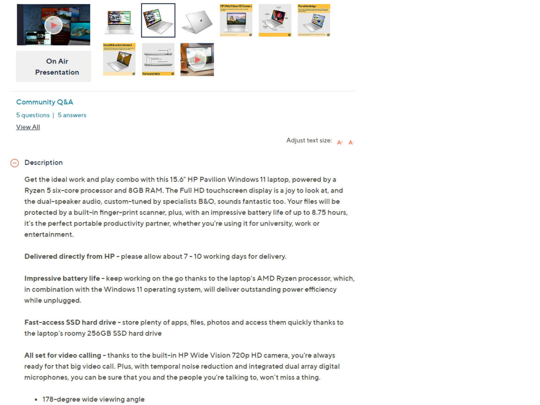 Screenshot of an HP Pavillion laptop product description page from the qvcuk.com website. The copy reads, "Get the ideal work and play combo with this 15.6" HP Pavillion Windows 11 laptop, powered by a Ryzen 5 six-core processor and 8GB RAM. The Full HD touchscreen display is a joy to look at, and the dual-speaker audio, custom-tuned by specialists B&O, sounds fantastic too. Your files will be protected by a built-in finger-print scanner, plus, with an impressive battery life of up to 8.75 hours, it's the perfect portable productivity partner, whether you're using it for university, work or entertainment."