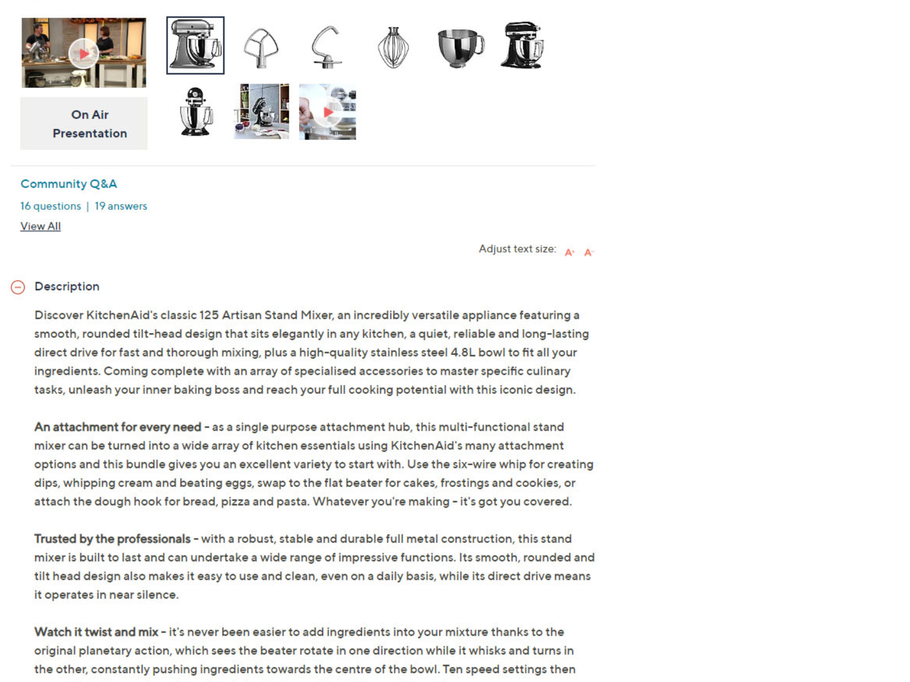 Screenshot of the KitchenAid stand mixer product description page from the qvcuk.com website. The copy reads, "Discover KitchenAid's classic 125 Artisan Stand Mixer, an incredibly versatile appliance featuring a smooth, rounded tilt-head design that sits elegantly in any kitchen, a quiet, reliable and long-lasting direct drive for fast and thorough mixing, plus a high-quality stainless steel 4.8L bowl to fit all your ingredients. Coming complete with an array of specialised accessories to master specific culinary tasks, unleash your inner baking boss and reach your full cooking potential with this iconic design."