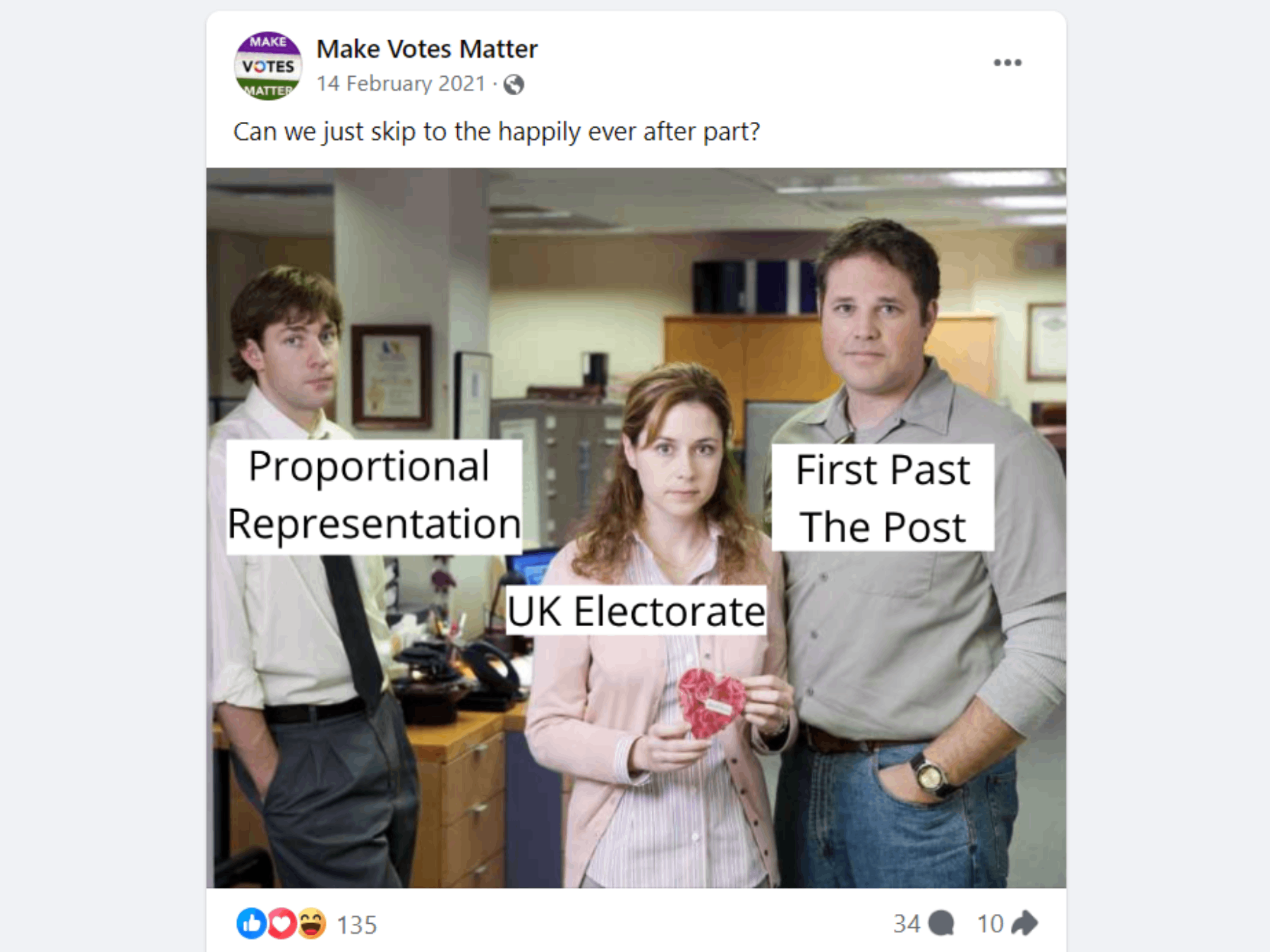 Facebook post featuring an image from the US version of 'The Office' with the characters Jim, Pam and Roy labelled as 'Proportional Representation', 'UK Electorate' and 'First Past The Post' respectively. The post text reads, "Can we just skip to the happily ever after part?"