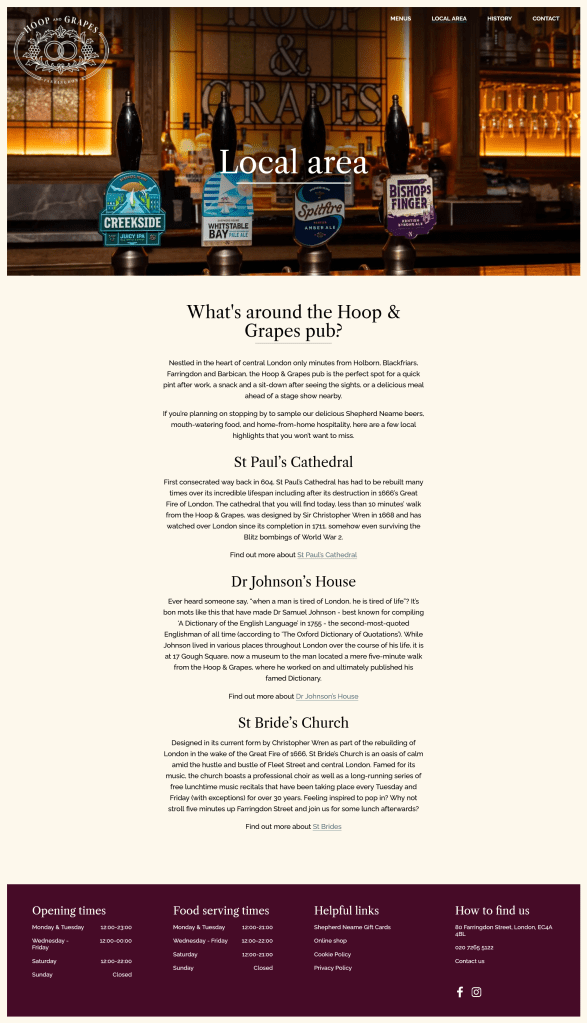 Screenshot of the Local Area page on the Hoop & Grapes Shepherd Neame pub website