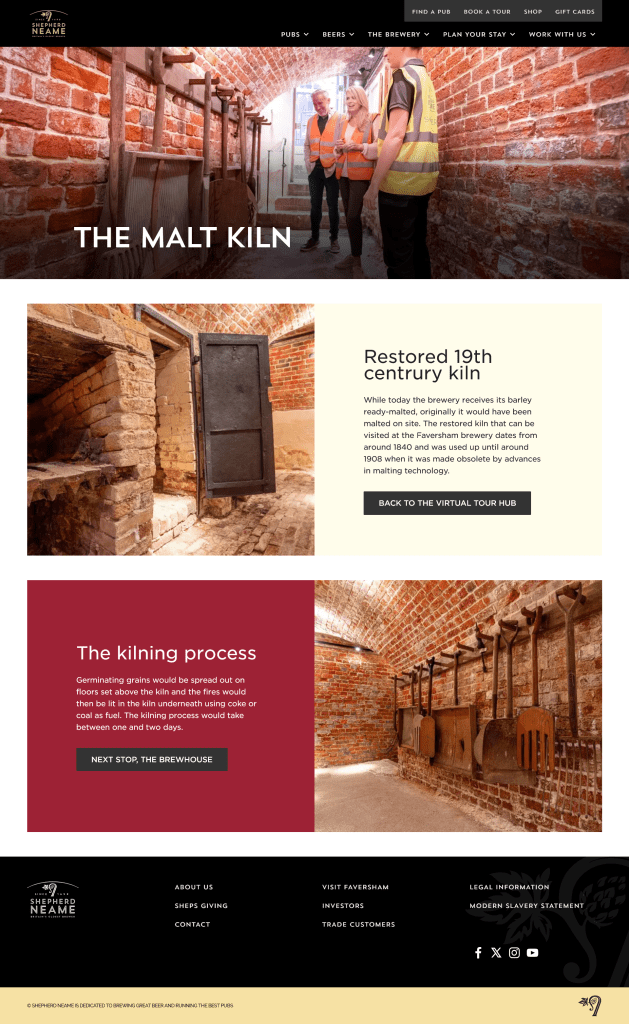 Screenshot of the Malt Kiln Virtual Tour page on the Shepherd Neame brewery website
