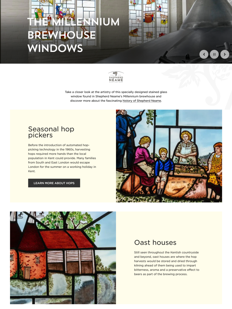 Screenshot of the Millennium Brewhouse Windows Virtual Tour page on the Shepherd Neame brewery website