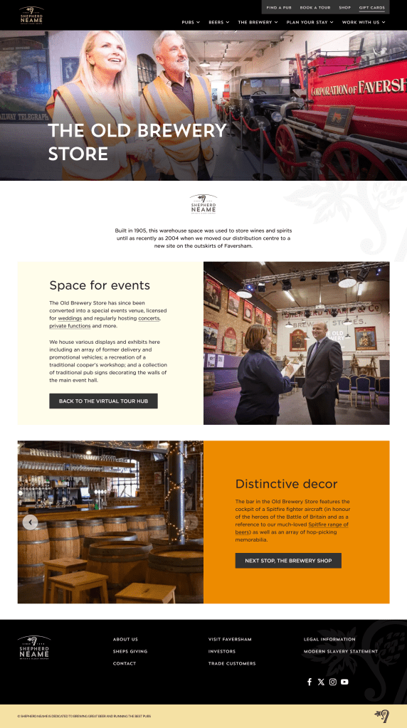 Screenshot of the Old Brewery Store Virtual Tour page on the Shepherd Neame brewery website