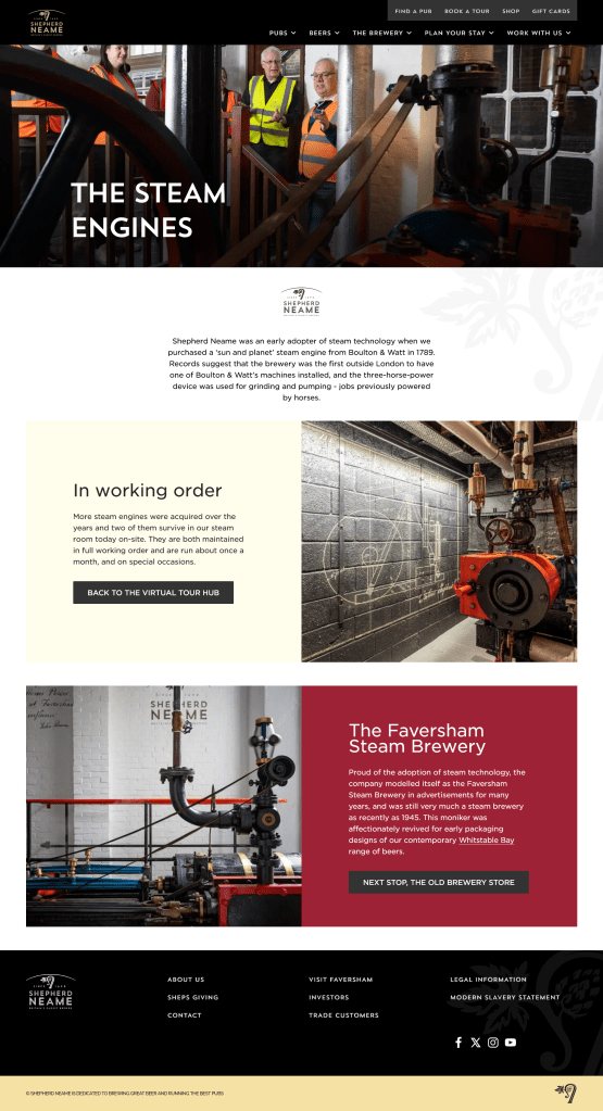 Screenshot of the Steam Engines Virtual Tour page on the Shepherd Neame brewery website