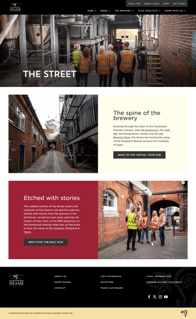 Screenshot of the Brewery Street Virtual Tour page on the Shepherd Neame brewery website