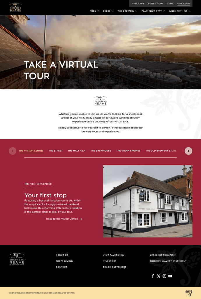 Screenshot of the Take a Virtual Tour page on the Shepherd Neame brewery website