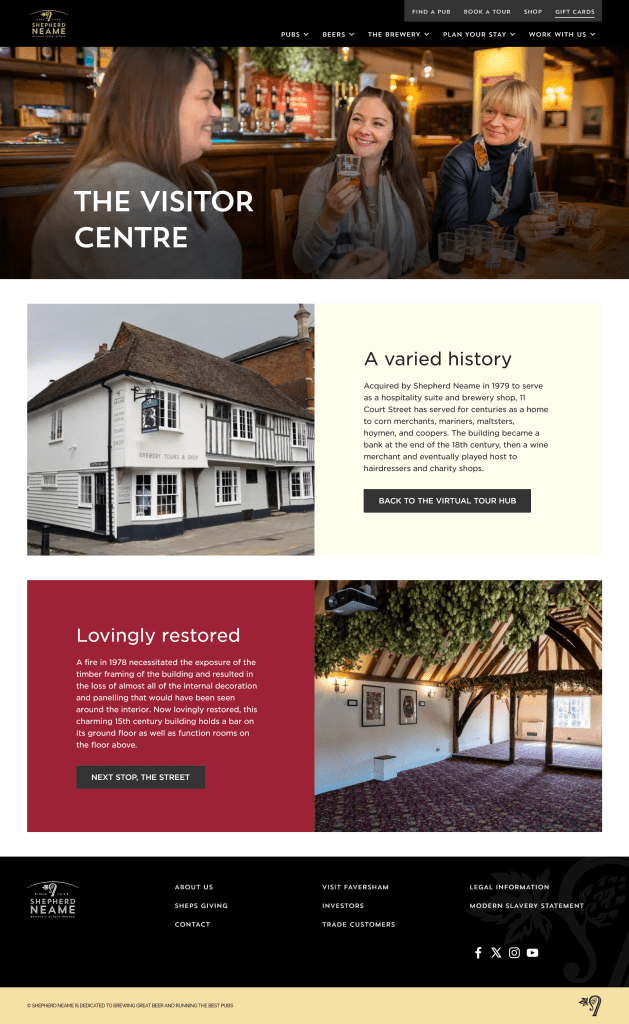Screenshot of the Visitor Centre Virtual Tour page on the Shepherd Neame brewery website